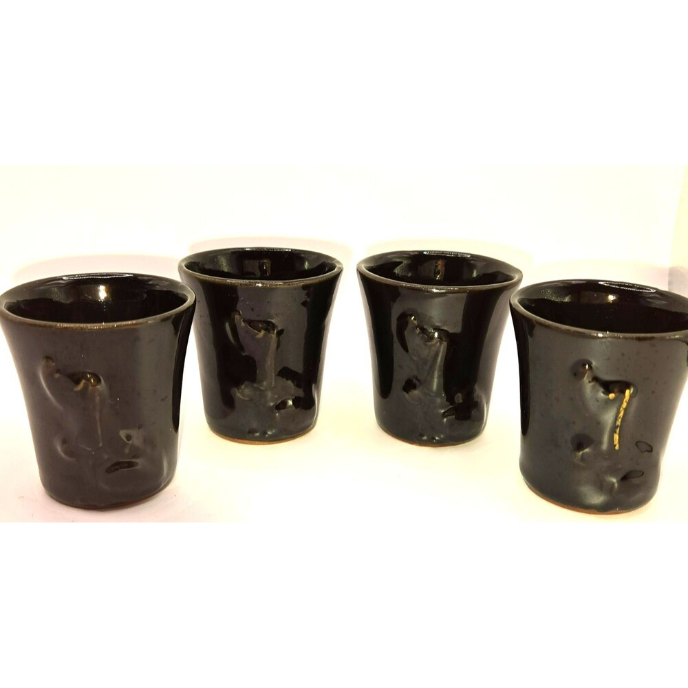 Vintage Studio Art Pottery Face Tumblers – Set of 4 Black Glazed Clay Espresso